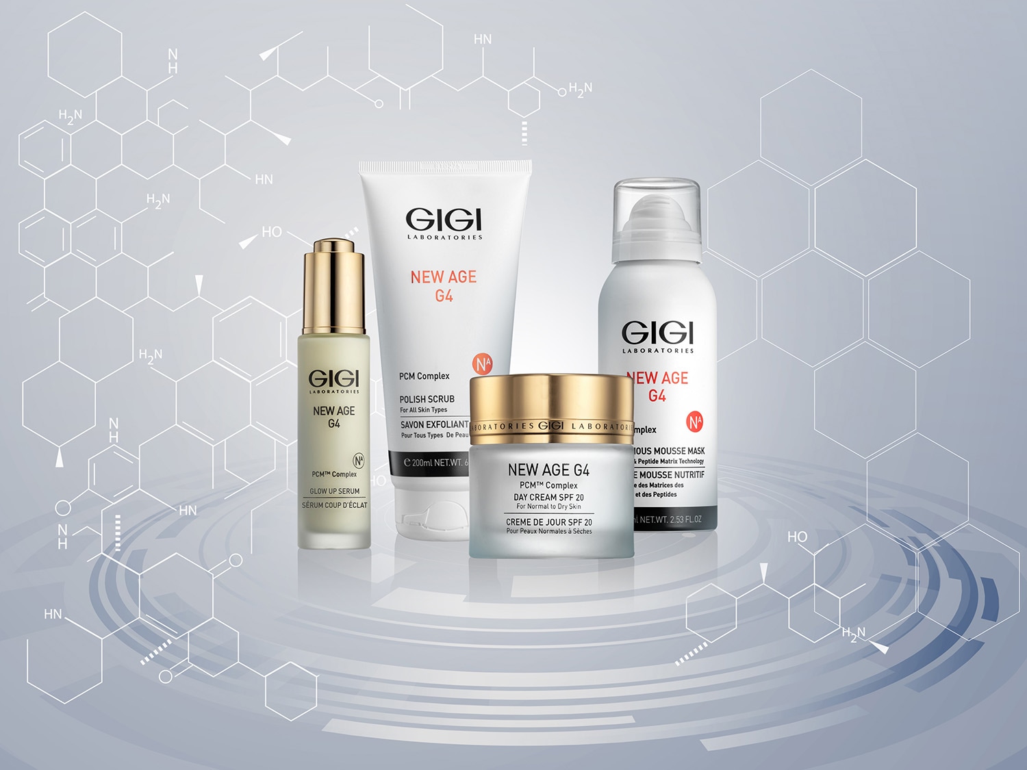 Kolekcja kosmetyków GIGI Laboratories New Age G4 do pielęgnacji skóry, w tym serum, peeling, krem na dzień i maska w piance, zapewniające kompleksową pielęgnację.