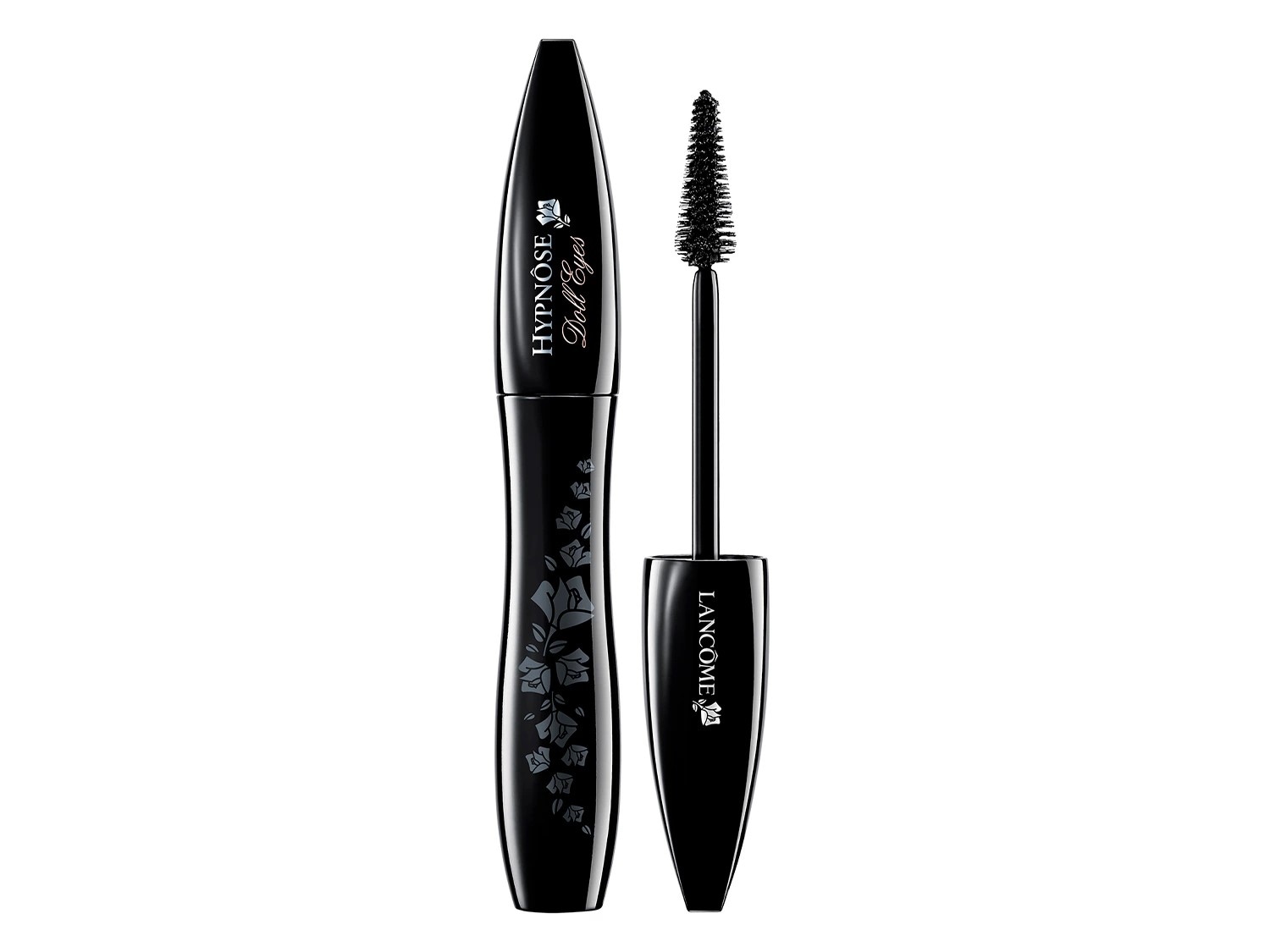 Die schwarze Lancôme Hypnôse Doll Eyes Mascara mit floralen Details und einem kegelförmigen Bürstchen für einen Puppenaugen-Effekt.