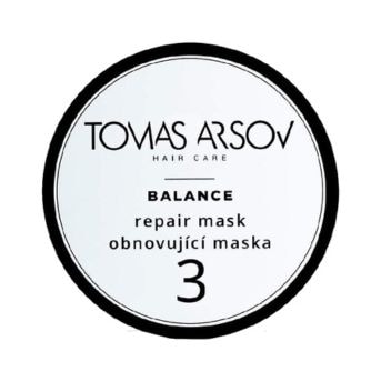 Kulatá samolepka s černým okrajem a nápisem TOMAS ARSOV HAIR CARE, BALANCE repair mask obnovující maska a číslem 3 uprostřed.