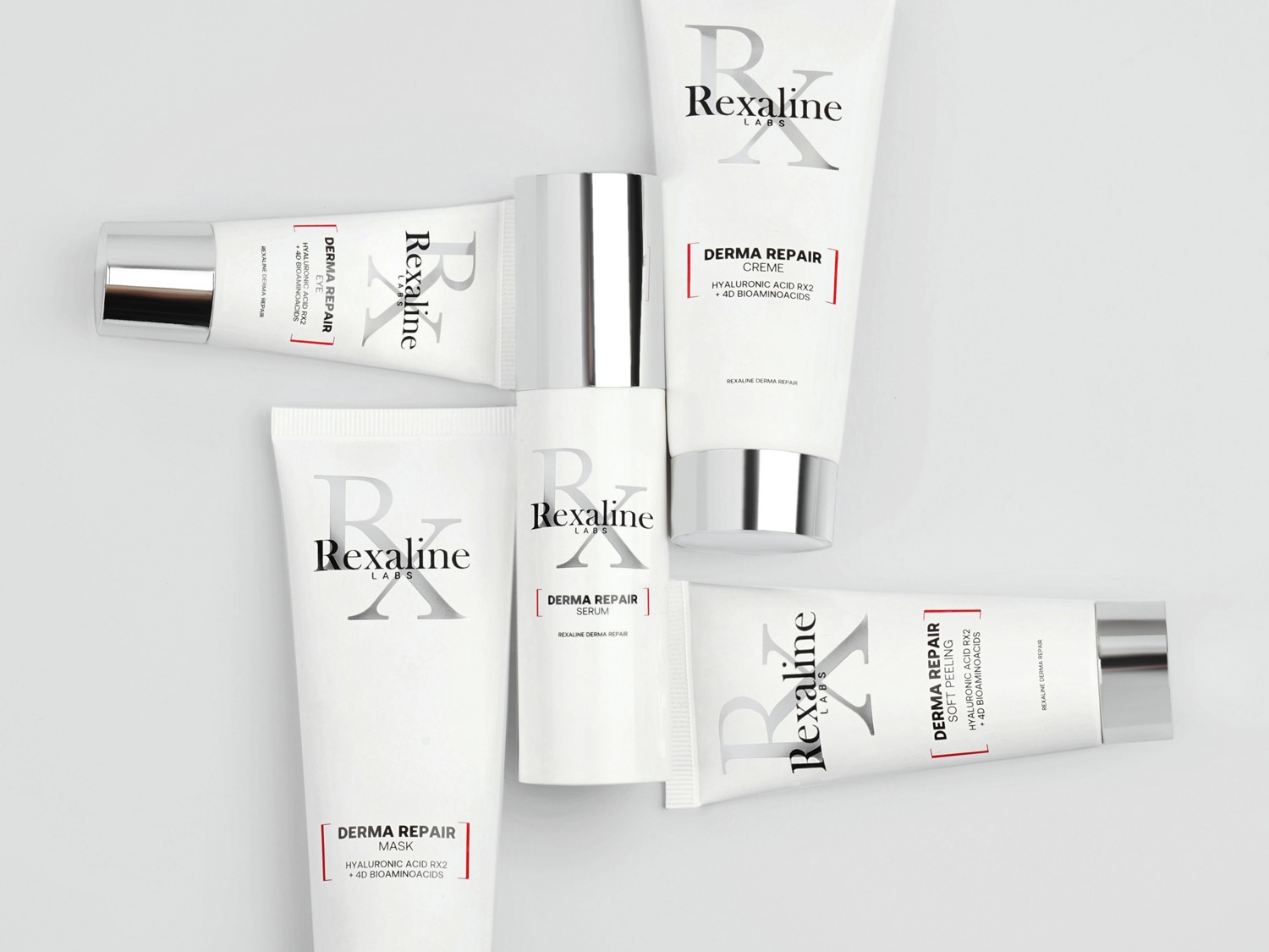 Weiße Rexaline LABS Hautpflegeprodukte, darunter Derma Repair Maske, Serum, Creme und Soft Peeling, die Hyaluronsäure RX2 und 4D Bioaminosäuren enthalten.