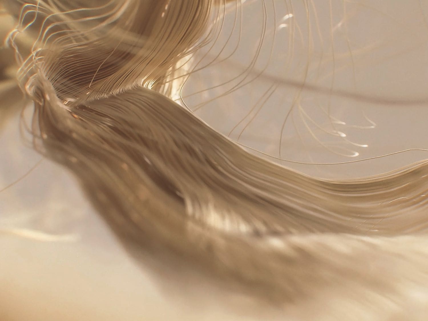 Gros plan sur des mèches blondes lisses et soyeuses, capturant la lumière avec un éclat subtil.