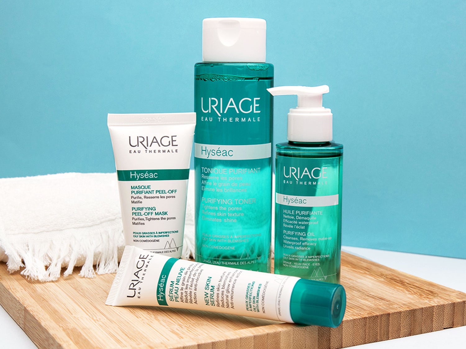 Descubre la línea Hyséac de Uriage Eau Thermale: mascarilla purificante peel-off, tónico y aceite, diseñados para limpiar, tonificar y revelar el brillo natural de tu piel.