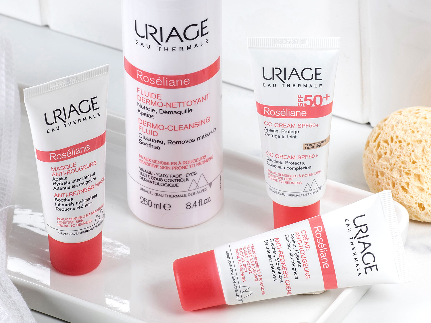 Descubre la línea Roséliane de Uriage: mascarilla anti-rojeces que hidrata y calma, fluido limpiador que desmaquilla suavemente, crema CC SPF50+ que protege y unifica el tono, y crema anti-rojeces que disminuye las rojeces.
