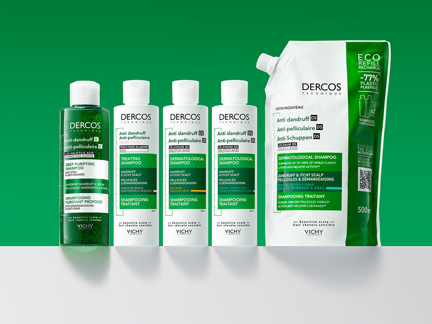 Découvrez la gamme de shampooings antipelliculaires Dercos Technique, chacun conçu pour répondre à des besoins spécifiques du cuir chevelu, présentés dans des flacons élégants.