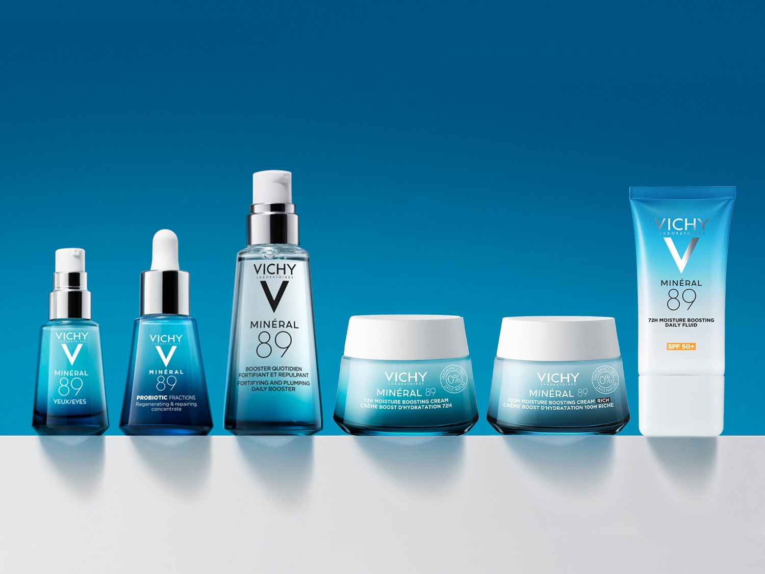 Découvrez la gamme Vichy Minéral 89, comprenant des soins pour les yeux, des concentrés probiotiques, des boosters quotidiens et des crèmes hydratantes pour une peau fortifiée et repulpée.