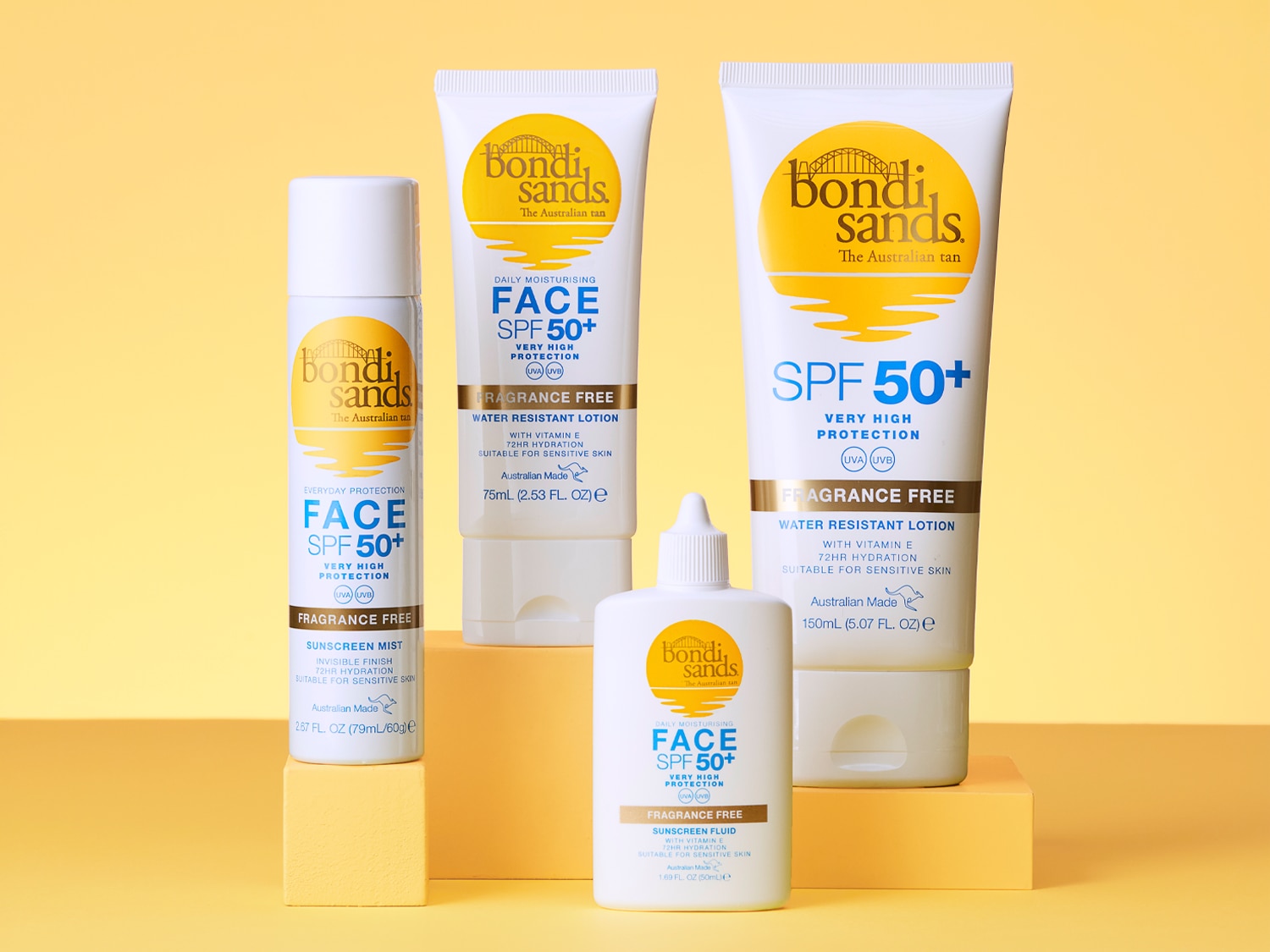 Rad pleťových prípravkov Bondi Sands The Australian Tan Face SPF 50+ s vysokou ochranou, ktoré sú vhodné pre citlivú pokožku a poskytujú 72-hodinovú hydratáciu.