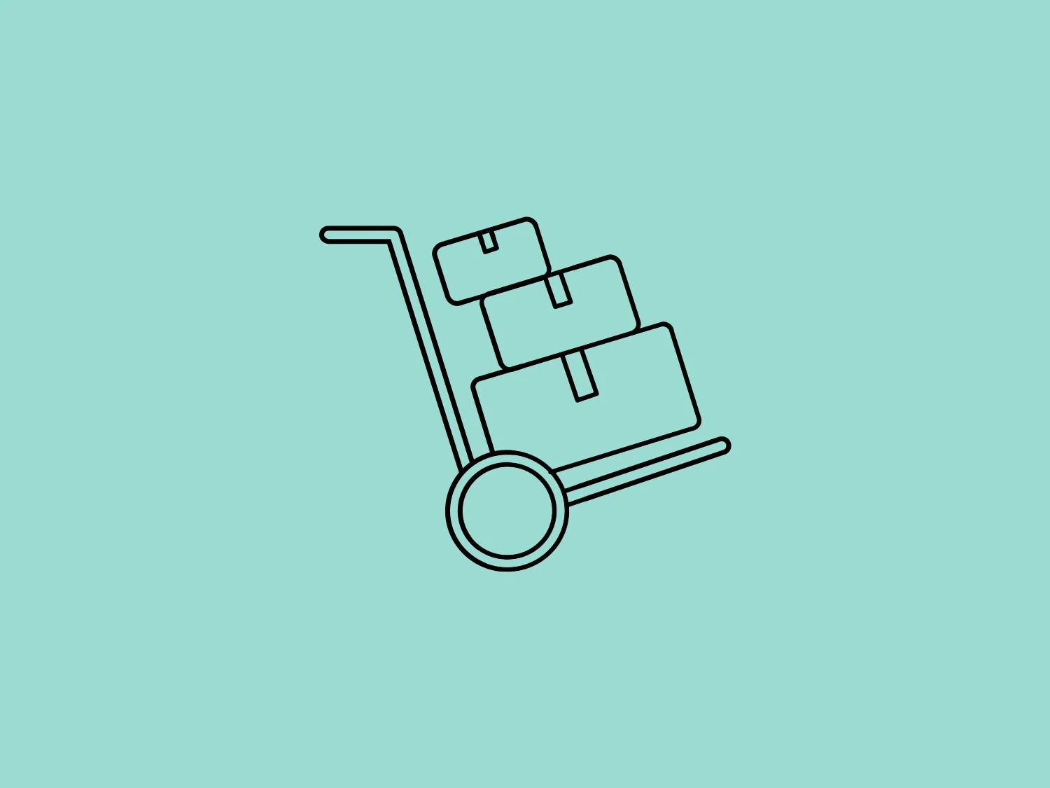 Eine stilisierte Darstellung eines Gepäckwagens mit drei gestapelten Kartons vor einem mintgrünen Hintergrund.