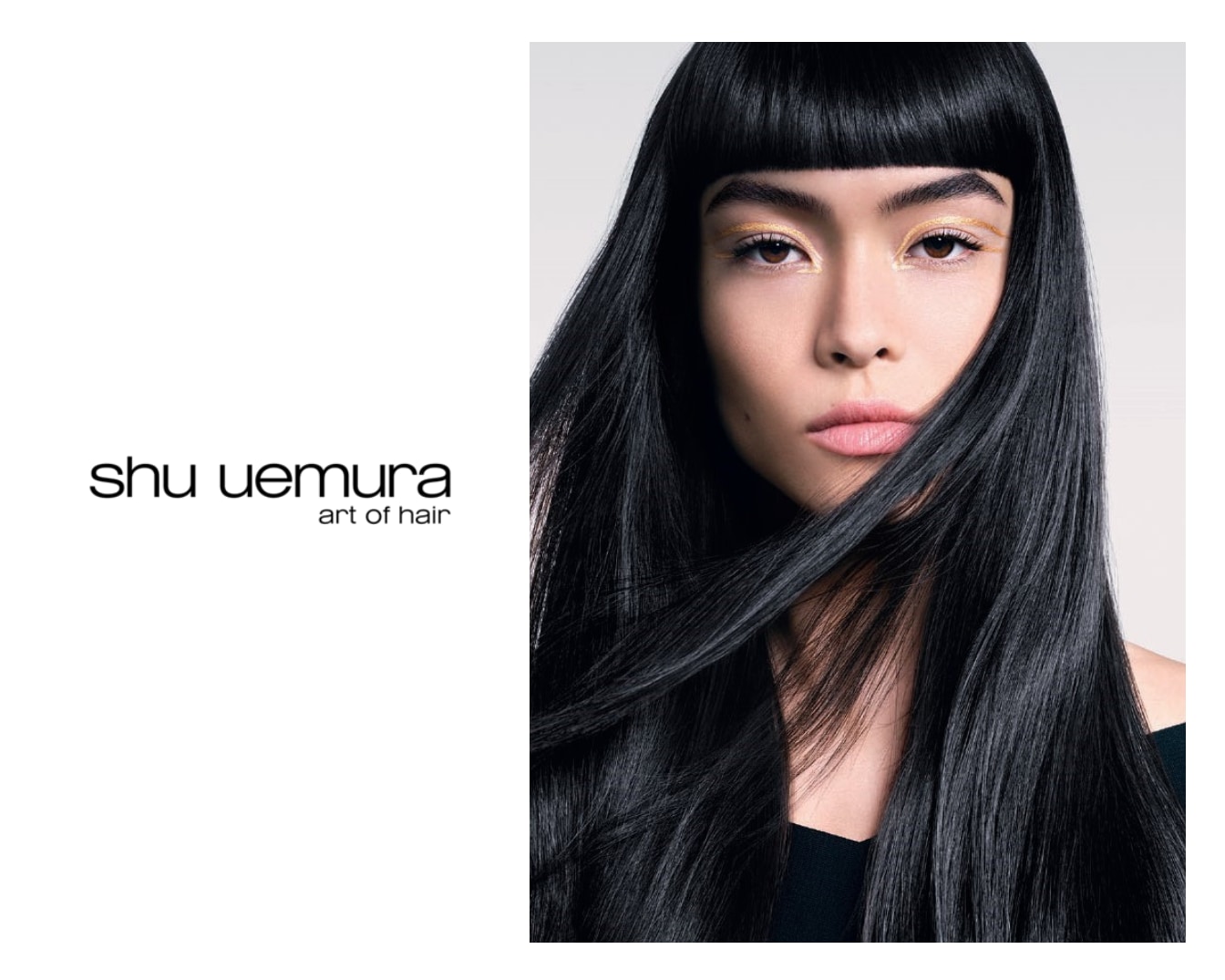 Portrét ženy s čiernymi vlasmi a ofinou, s jemným zlatým líčením očí a ružovými perami, vedľa loga Shu Uemura Art of Hair.