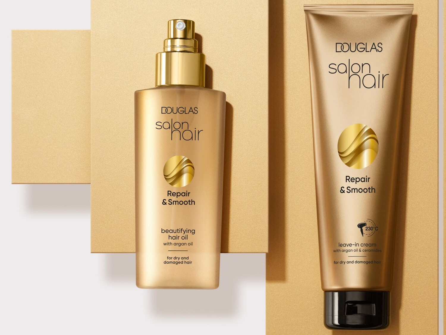 Ulei de păr Douglas Salon Hair, într-o sticlă dreptunghiulară aurie, promite reparare și netezire cu ulei de argan, ideal pentru părul uscat și deteriorat.