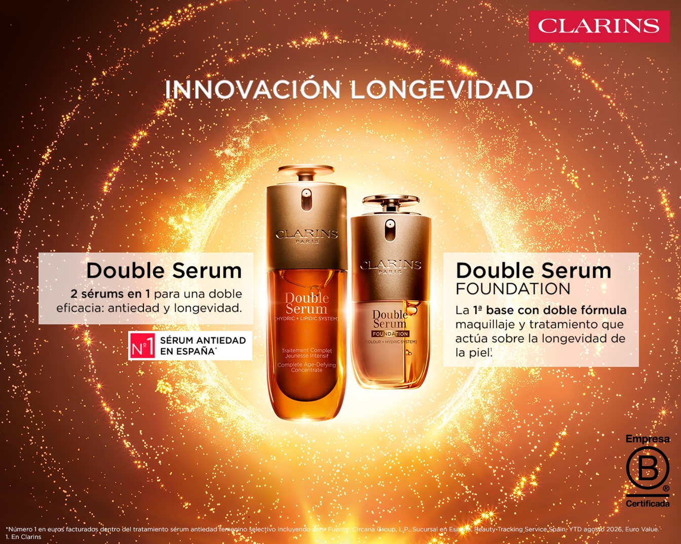 Descubre la innovación en longevidad con Clarins Double Serum, el sérum antiedad número 1 en España, que combina dos sérums en uno para una doble eficacia antiedad y longevidad.