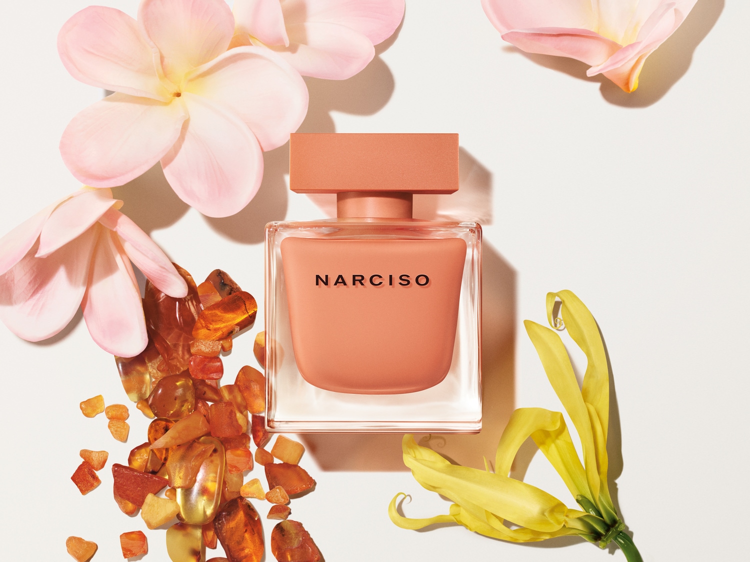 Découvrez le parfum Narciso dans son flacon carré transparent et pêche, entouré de fleurs roses et jaunes et de pierres d'ambre.