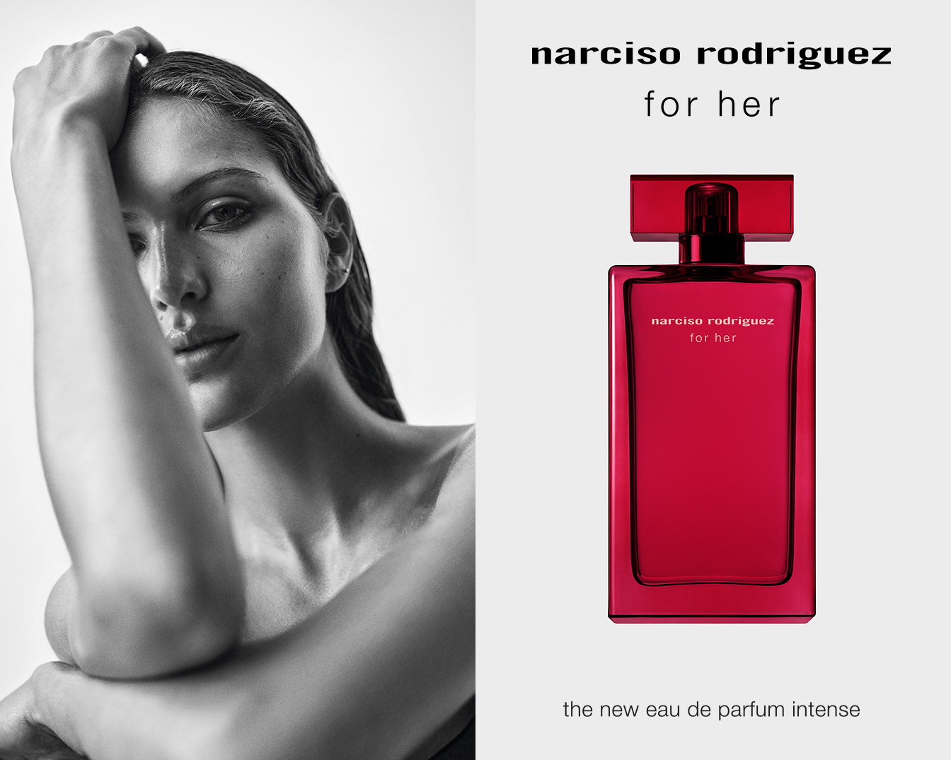 Découvrez le nouveau parfum intense de Narciso Rodriguez For Her, présenté dans un flacon rouge rubis élégant, accompagné d'une image en noir et blanc d'une femme.