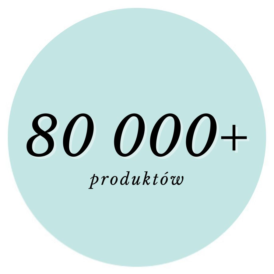 Na jasnoniebieskim tle znajduje się napis „80 000+ produktów” czarną czcionką.