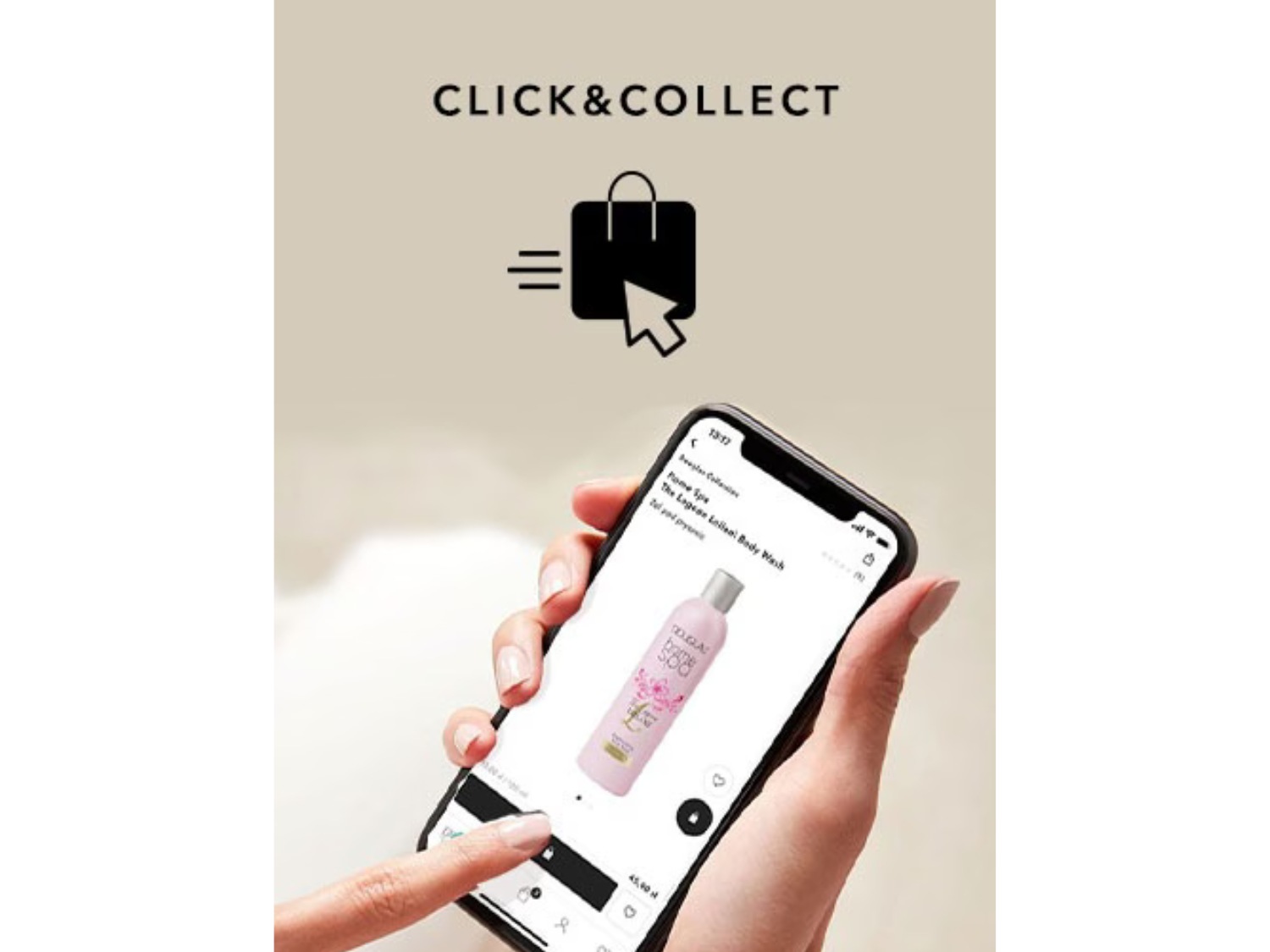 Kliknij i odbierz: ikona torby na zakupy ze strzałką kursora, wskazująca na łatwość odbioru zamówienia, a w dłoni telefon z aplikacją i różowym płynem do kąpieli Douglas Home Spa.