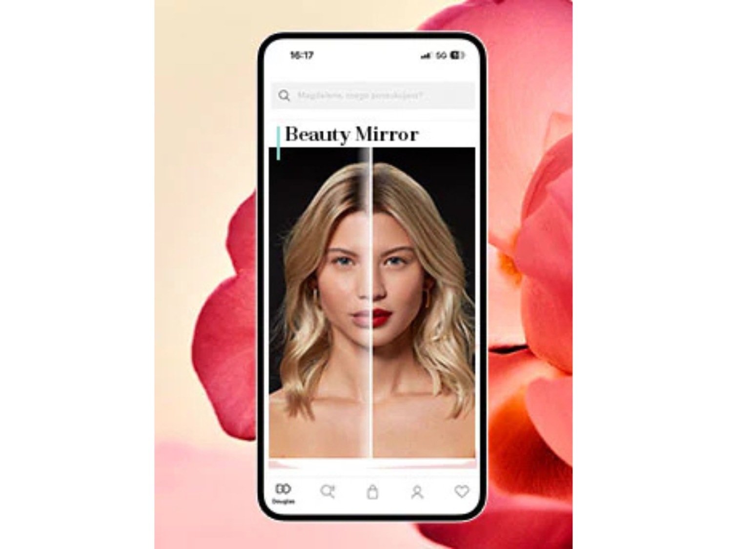Ekran telefonu pokazuje aplikację Beauty Mirror, prezentującą metamorfozę makijażu na twarzy kobiety, z różą w tle.