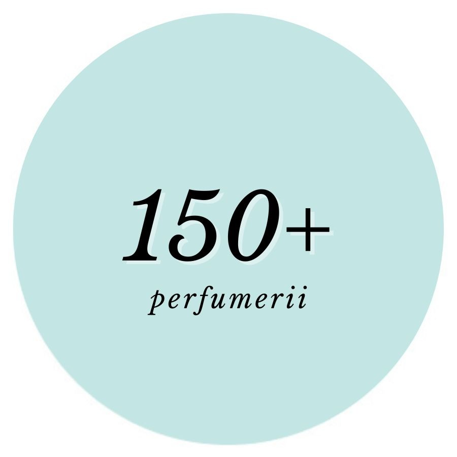 Na jasnoniebieskim tle koła widnieje napis „150+ perfumerii”, informujący o bogatej ofercie zapachów.
