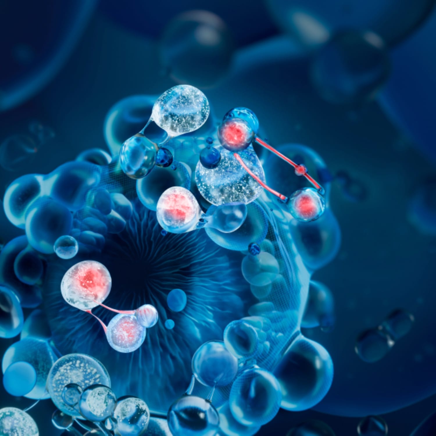Nahaufnahme von Zellen und Molekülen in Blau- und Rottönen, die wissenschaftliche oder medizinische Konzepte darstellen.