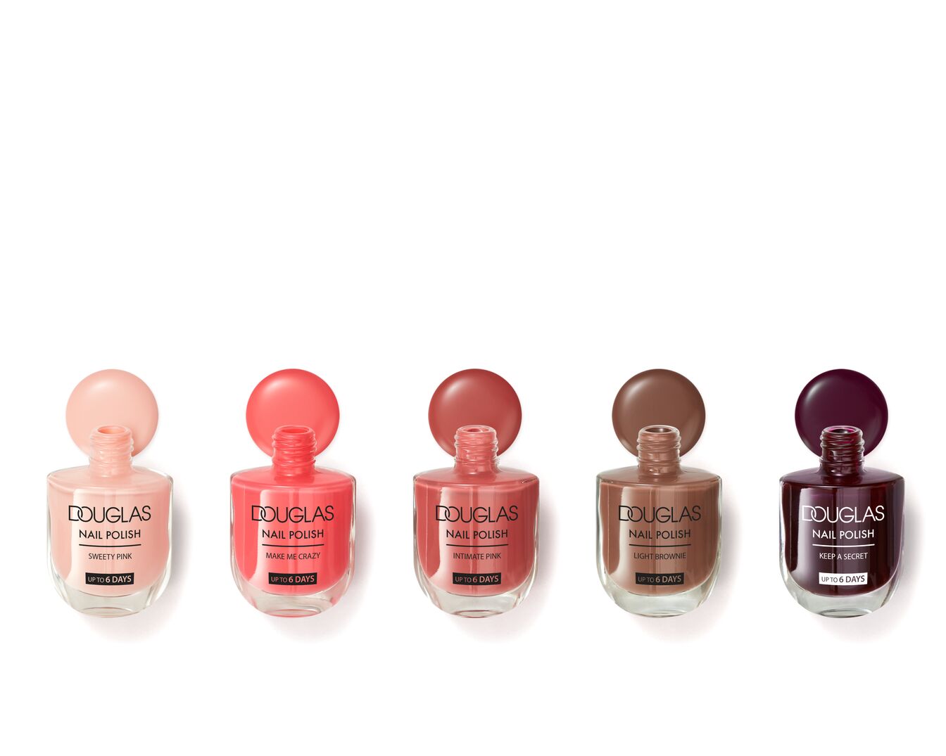 Vijf Douglas nagellakken in transparante flesjes met open dop, in de kleuren: Sweety Pink, Make Me Crazy, Intimate Pink, Light Brownie en Keep A Secret.