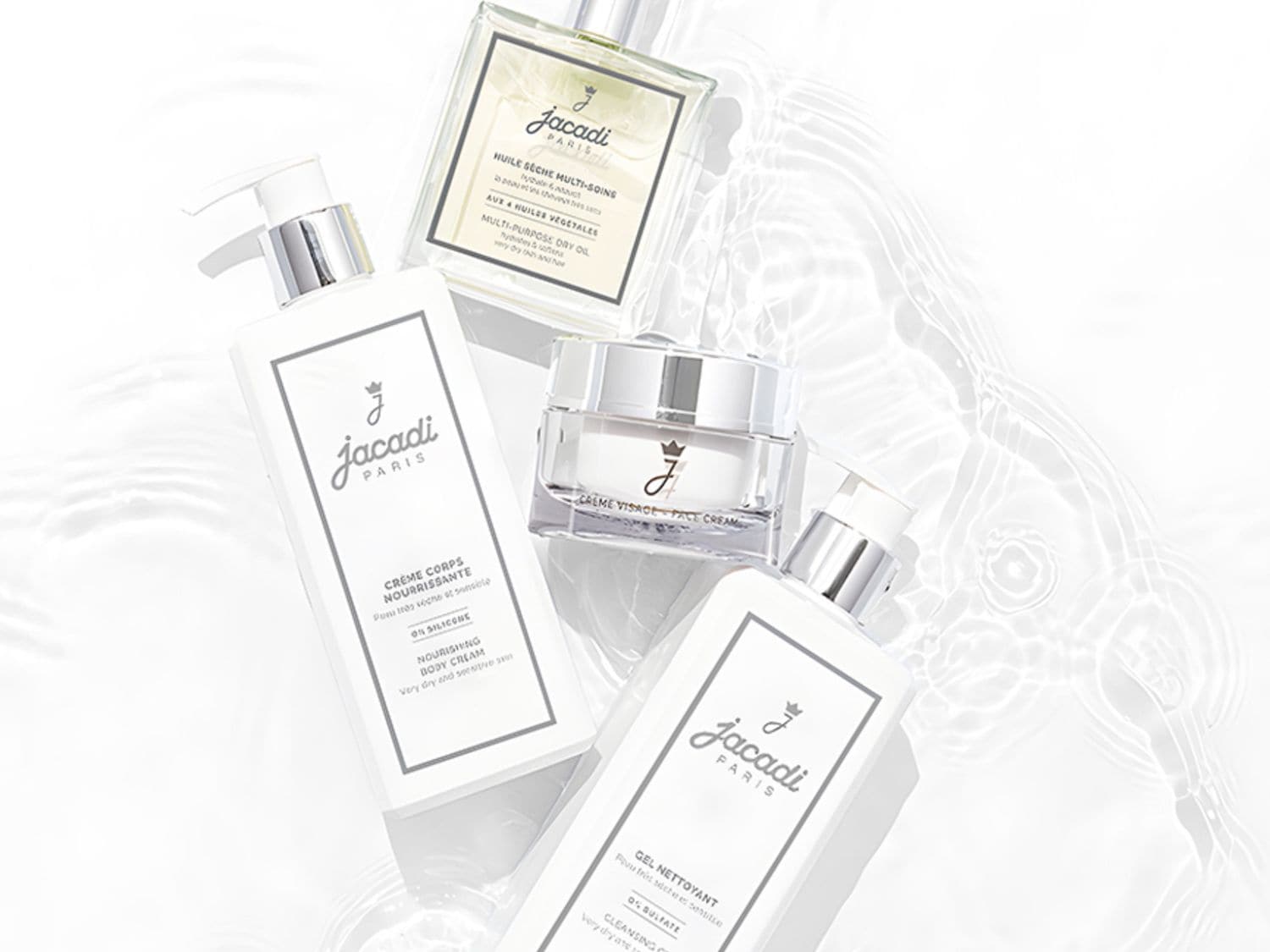 Kosmetika Jacadi Paris v bílých obalech: suchý olej, tělový krém, pleťový krém a čisticí gel pro velmi suchou a citlivou pokožku.