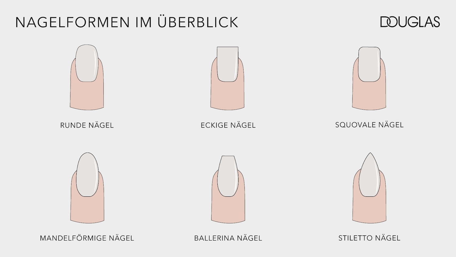 Die Übersicht der Nagelformen von Douglas zeigt sechs Illustrationen von Nägeln in verschiedenen Formen, darunter runde, eckige, squovale, mandelförmige, Ballerina und Stiletto Nägel.