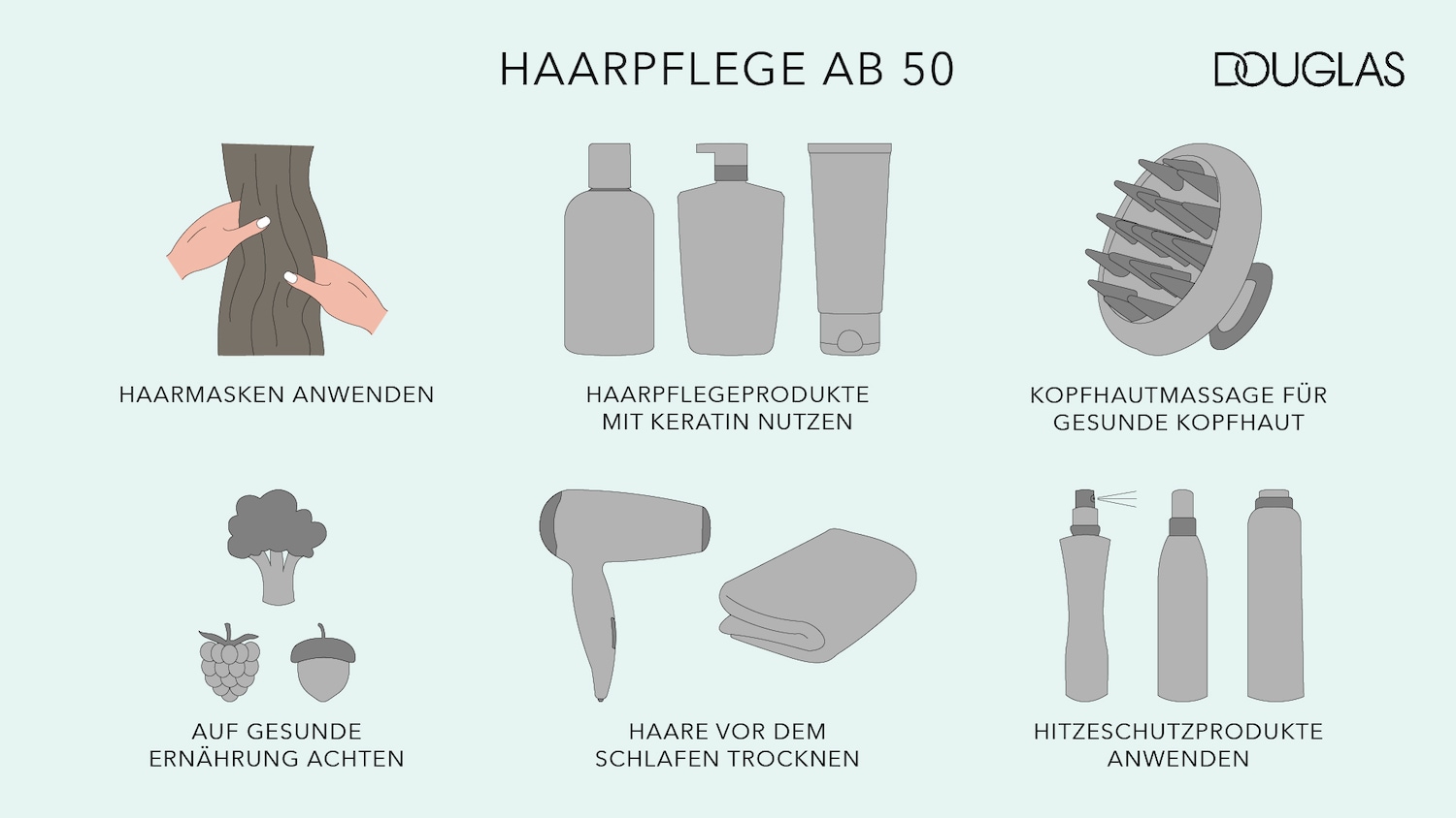 Haarpflege ab 50: Illustrationen zeigen die Anwendung von Haarmasken, die Nutzung von Haarpflegeprodukten mit Keratin und Kopfhautmassage für gesunde Kopfhaut.
