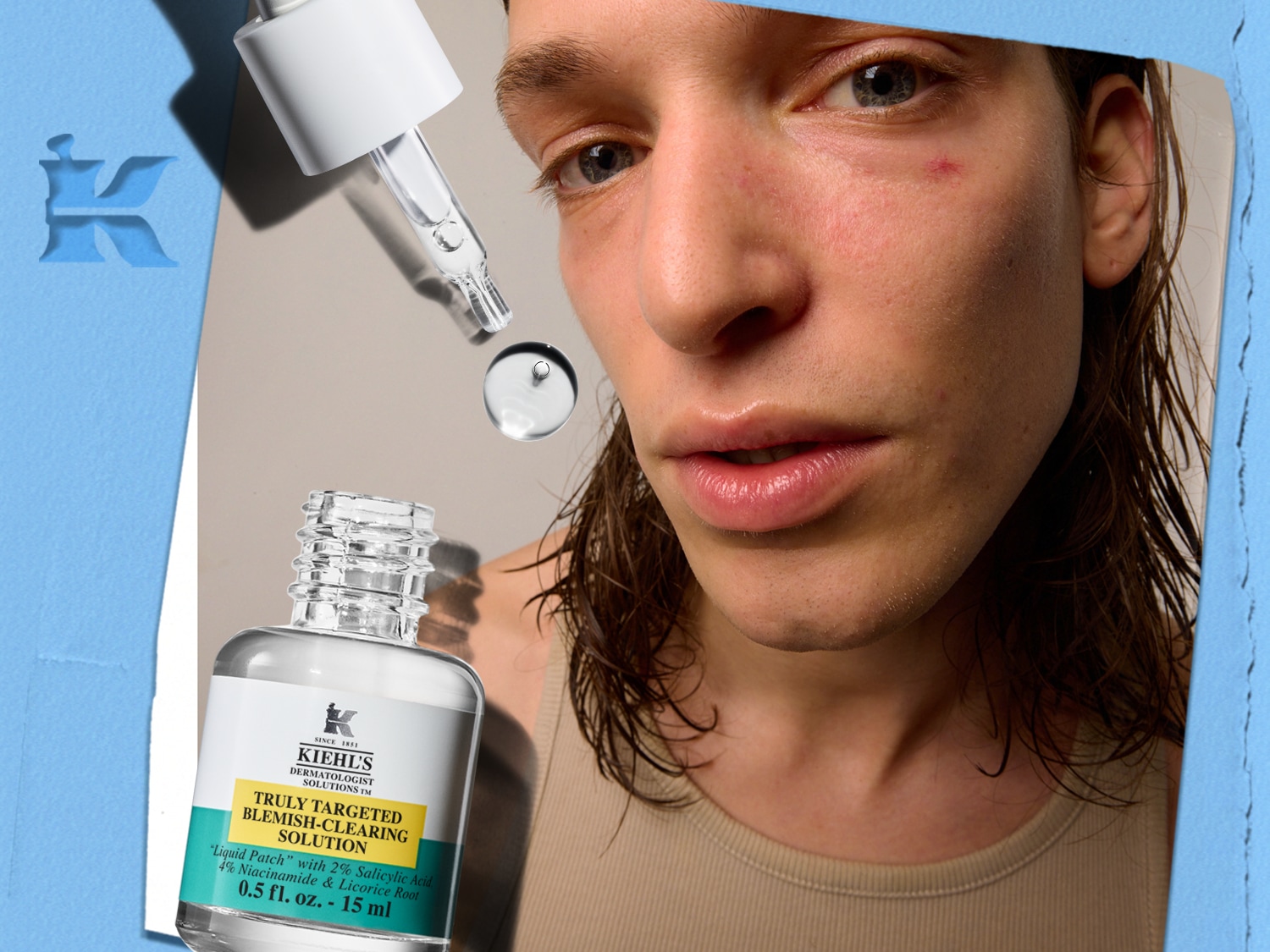 A Kiehl's Truly Targeted Blemish-Clearing Solution látható egy üvegben, pipettával, a bőrhibákkal küzdő arc mellett.