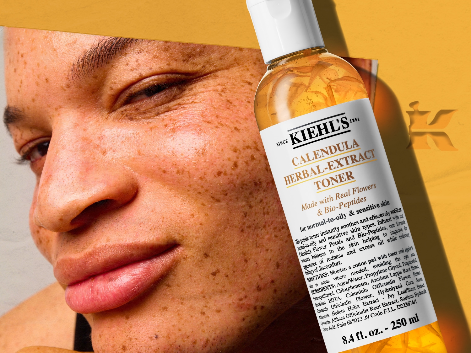 A Kiehl's Calendula Herbal-Extract Toner egy átlátszó, narancssárga folyadékot tartalmazó palackban, amely valódi virágokkal és biopeptidekkel készült a normál és érzékeny bőrre.