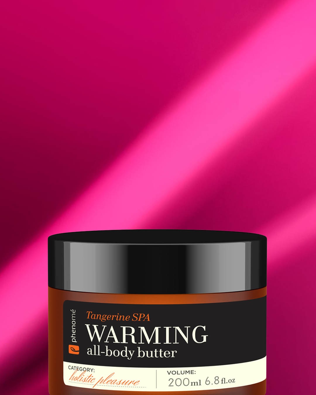 Słoik masła do ciała Phenomé Tangerine SPA WARMING o pojemności 200 ml z czarną etykietą na pomarańczowym tle, kategoria: holistic pleasure.