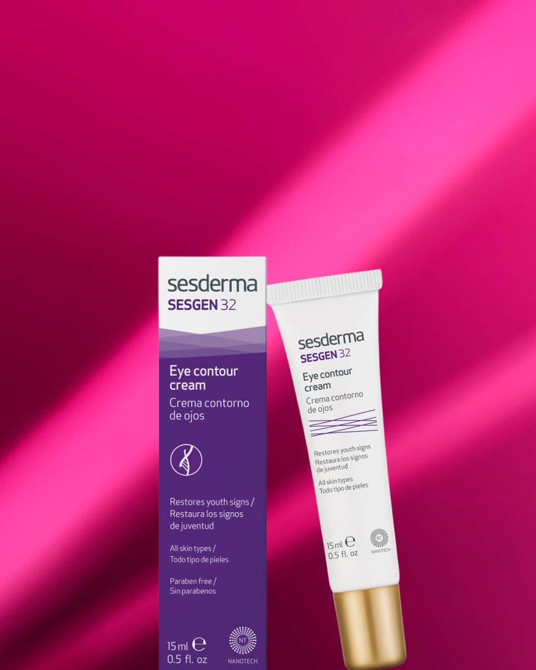 Sesderma SESGEN 32 krem pod oczy w fioletowym opakowaniu i tubce, który pomaga przywrócić oznaki młodości i jest odpowiedni dla każdego rodzaju skóry.