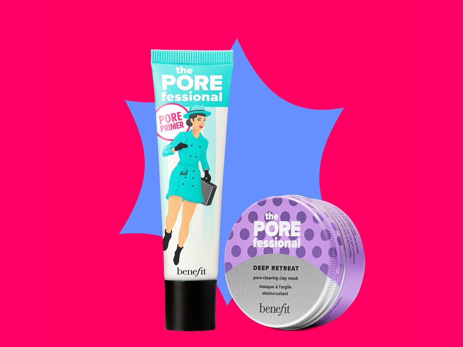 Die Porefessional-Kollektion von Benefit umfasst einen Pore Primer in einer helltürkisen Tube mit einer Frau im Trenchcoat und eine Deep Retreat-Porenreinigungsmaske in einer lila-silbernen Dose.