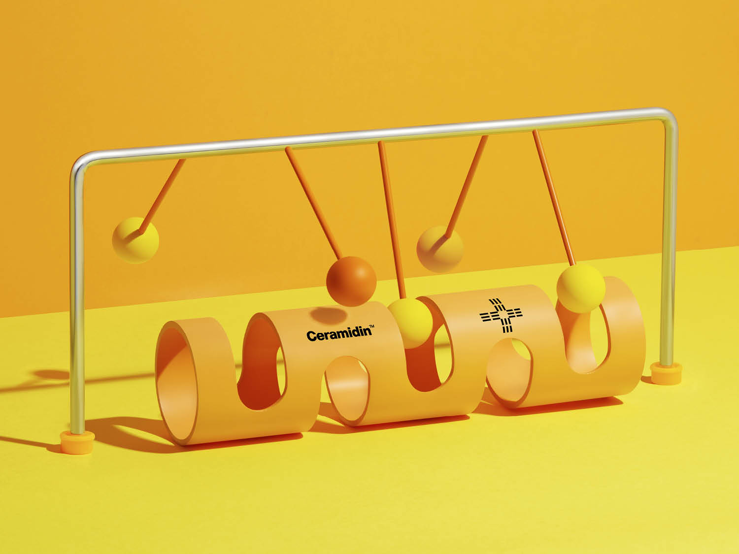 Gele en oranje achtergrond met een zilveren frame waar ballen aan hangen boven een oranje buis met de tekst 'Ceramidin'.