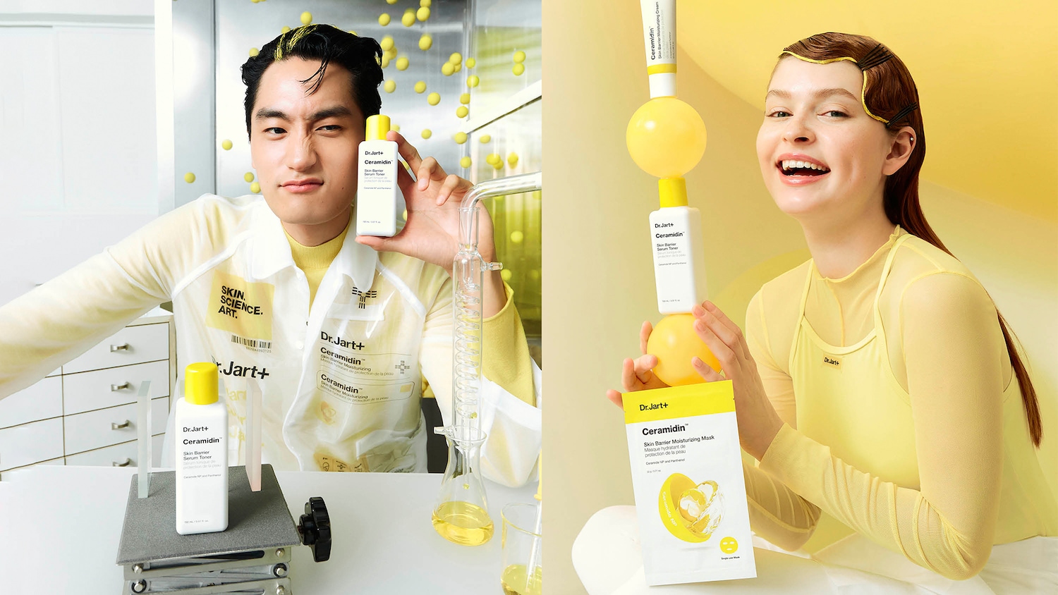 Twee modellen presenteren Dr. Jart+ Ceramidin huidverzorgingsproducten, waaronder toner, crème en masker, in een gele tint.
