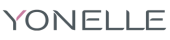 Logo YONELLE w kolorze szarym z różowym akcentem na literze Y, na czarnym tle.
