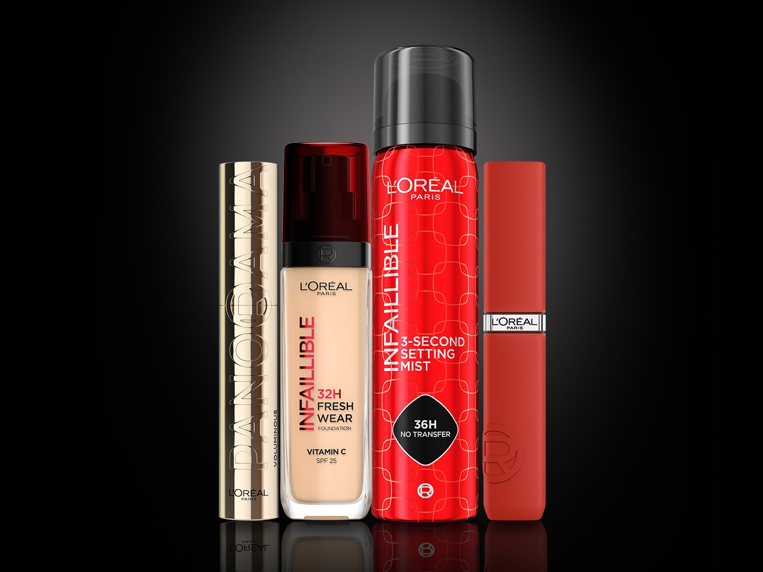 Aquí hay una colección de productos de maquillaje L'Oréal, que incluyen la máscara Voluminous Panorama en un tubo dorado, la base Infaillible 32H Fresh Wear y el spray fijador Infaillible de 3 segundos en un envase rojo.