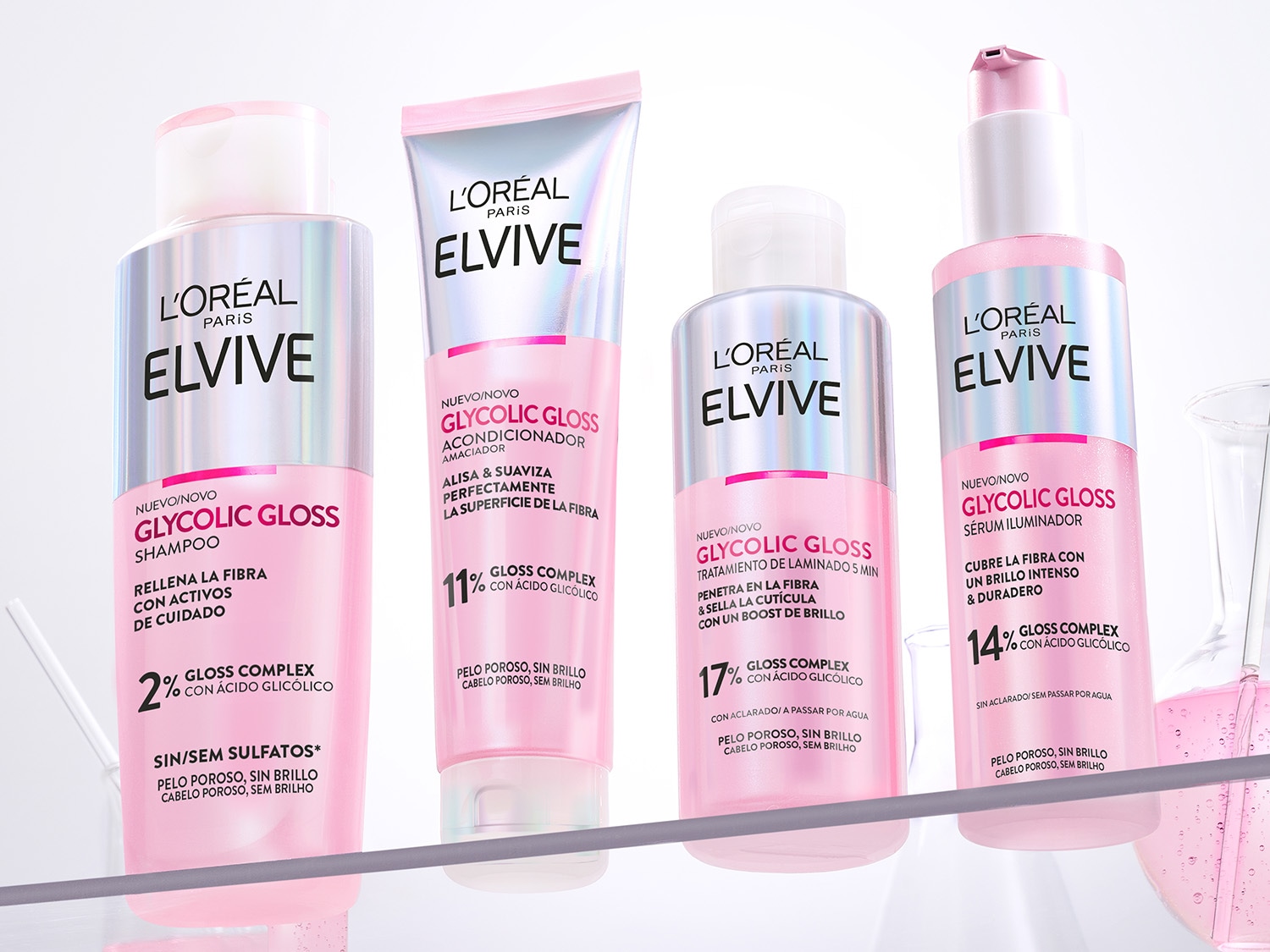 Descubre la línea Elvive Glycolic Gloss de L'Oréal Paris: champú, acondicionador, tratamiento laminado y sérum iluminador para un cabello brillante y saludable.