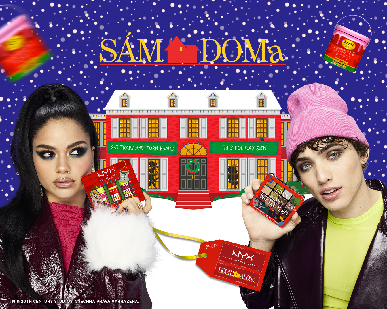 NYX Professional Makeup predstavuje kolekciu Home Alone s modelmi, ktorí držia paletu očných tieňov a lesk na pery v obaloch s motívom filmu Sám doma.