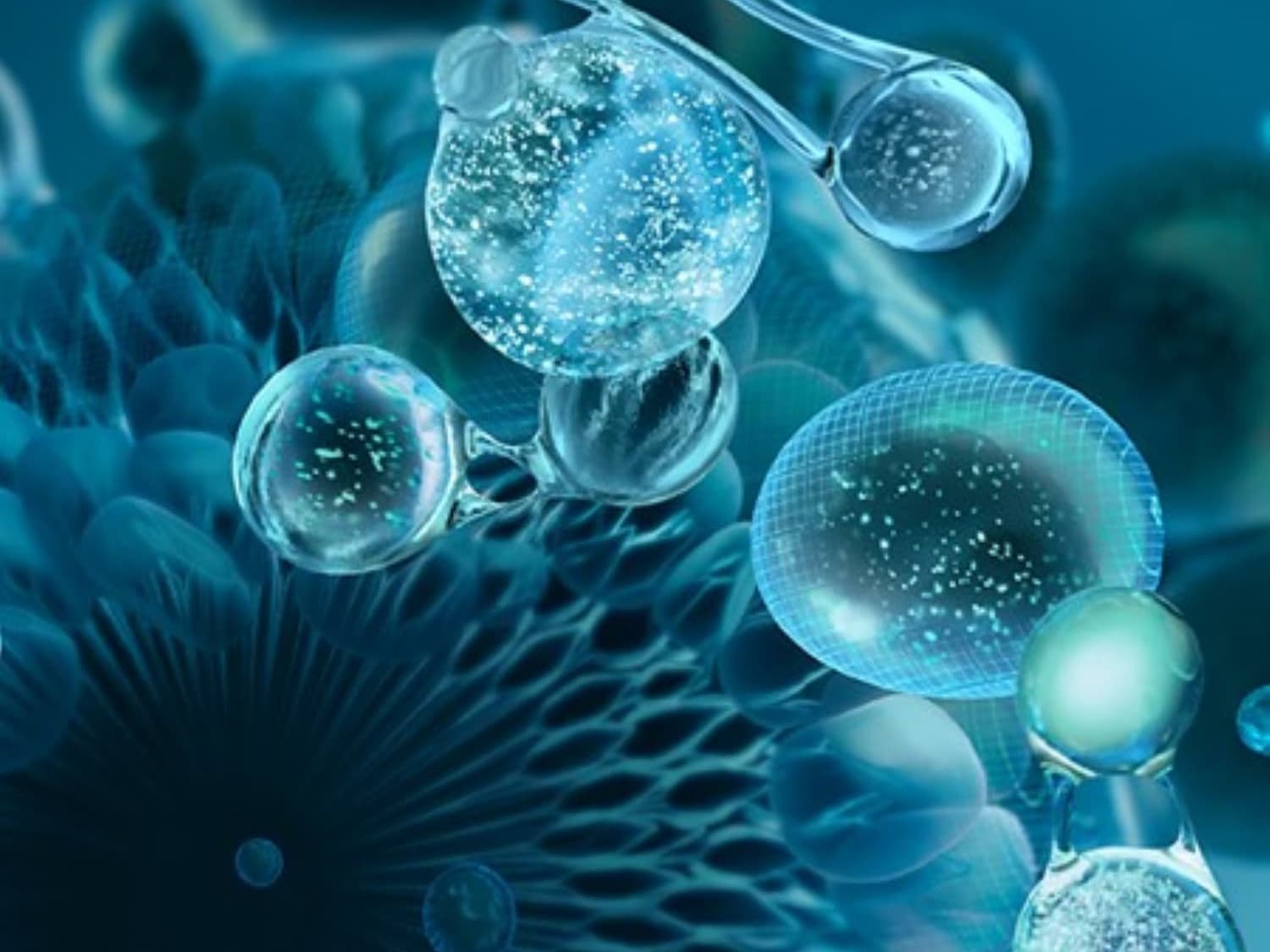 Nahaufnahme von transparenten, bläulich schimmernden Kugeln, die an Wassertropfen erinnern und eine erfrischende, wissenschaftliche Ästhetik vermitteln.