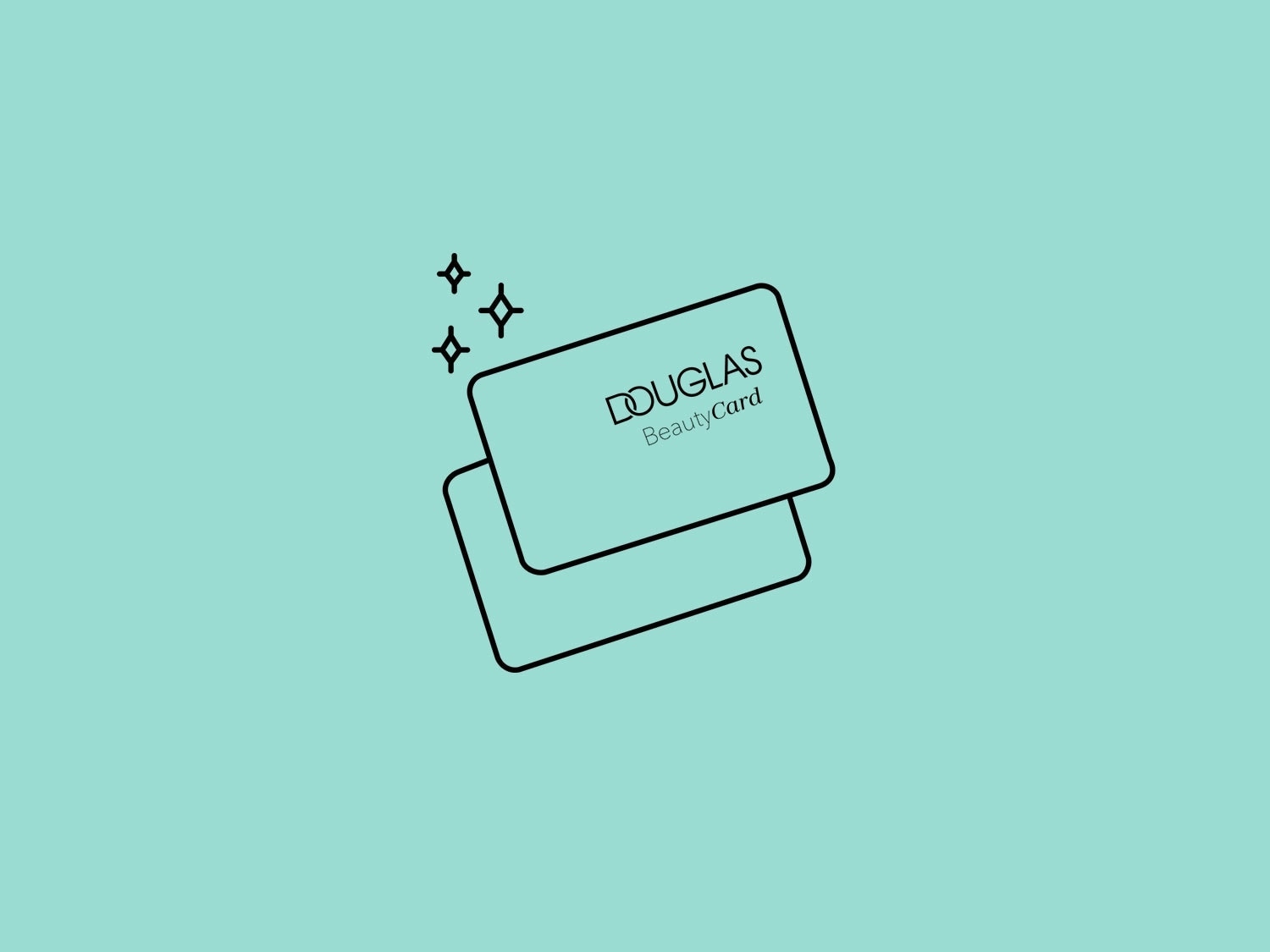 Auf hellblauem Hintergrund liegen zwei Douglas BeautyCards übereinander, die mit kleinen Glitzersternen verziert sind.