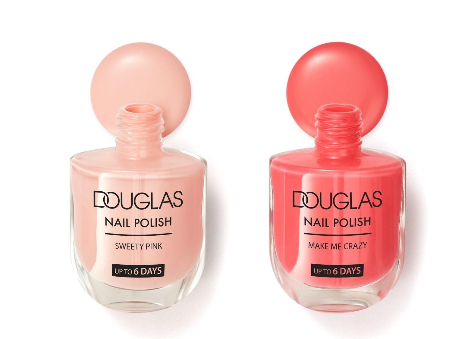 Twee Douglas nagellakken, een in zachtroze 'Sweety Pink' en de ander in levendig koraal 'Make Me Crazy', beide beloven tot 6 dagen kleur.