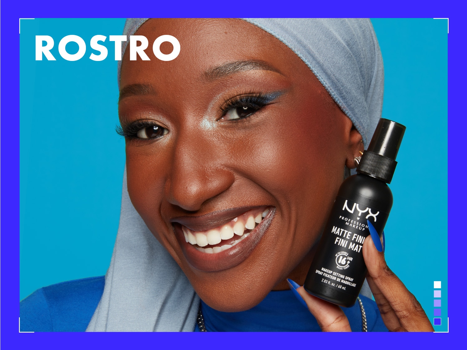 Una mujer sonriente sostiene un spray fijador de maquillaje NYX Professional Makeup Matte Finish, con el texto "ROSTRO" en la esquina superior izquierda.