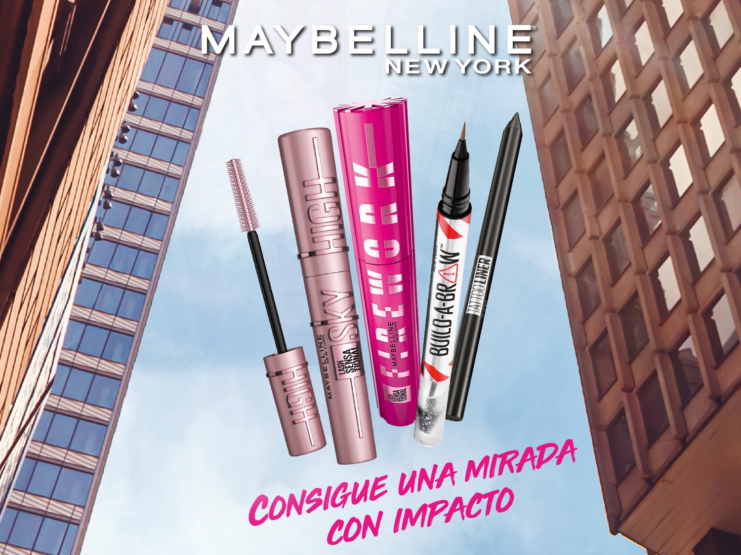 Realza tu mirada con los productos de Maybelline New York: máscara de pestañas Sky High en empaque rosa, delineador Build-A-Brow y Tattoo Liner, para una mirada de impacto.