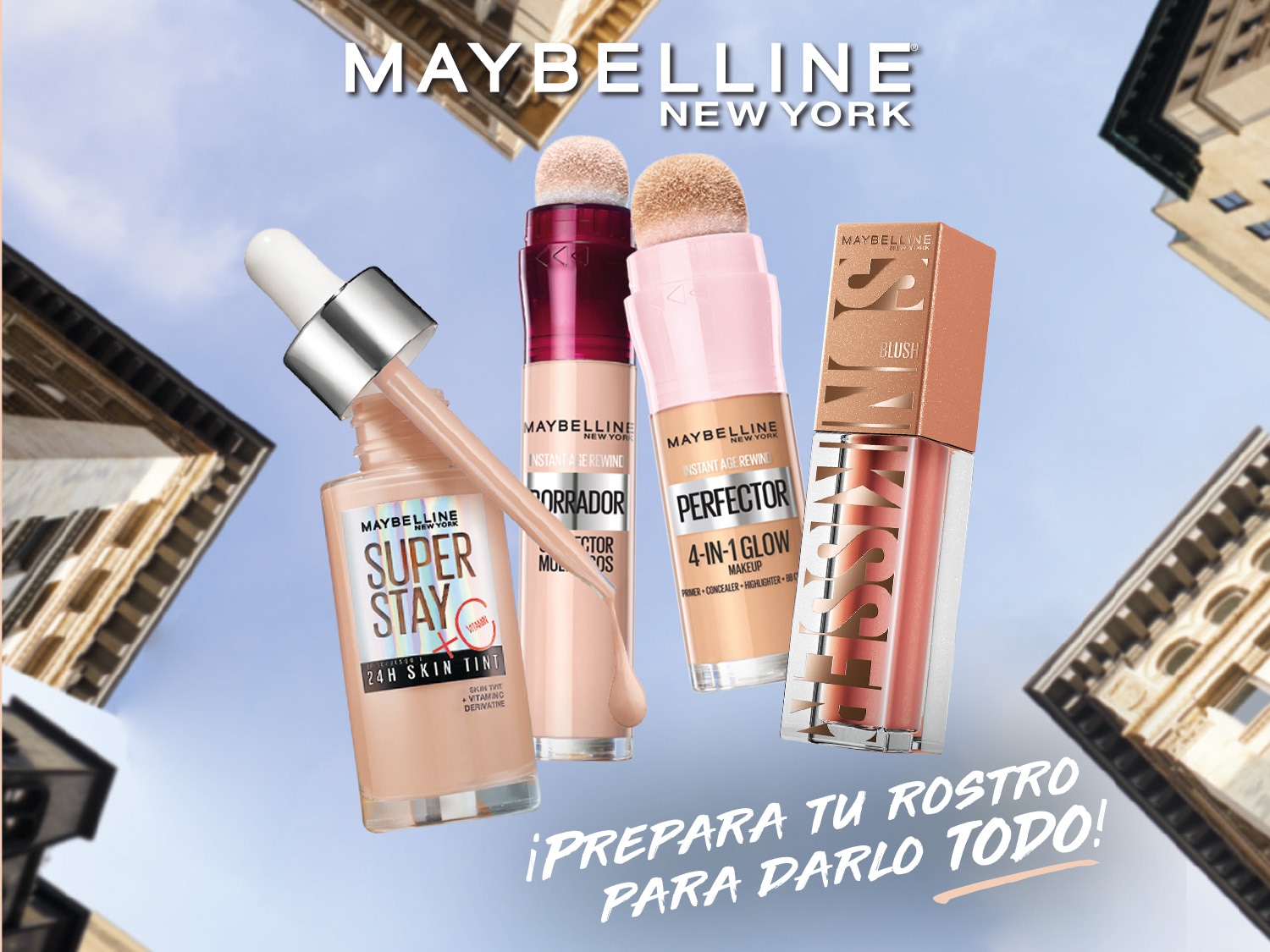 ¡Descubre la magia de Maybelline New York! Con Super Stay 24H Skin Tint, Instant Age Rewind Corrector, Perfector 4-en-1 Glow y el toque final de Sun Kiss Blush, tu rostro estará listo para brillar.