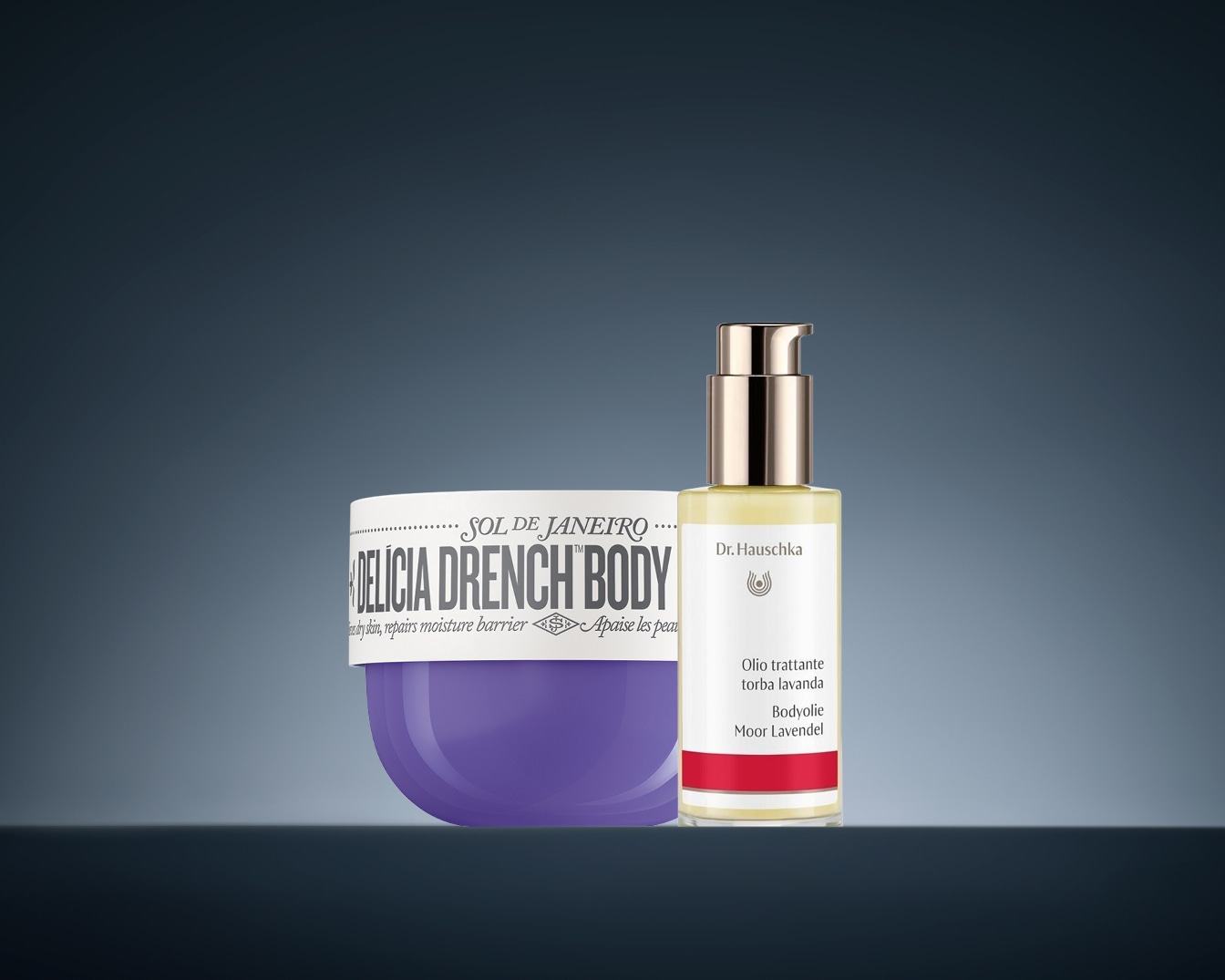 Découvrez le Sol de Janeiro Delicia Drench Body, un soin qui hydrate la peau sèche et répare la barrière d'hydratation, ainsi que l'huile corporelle Moor Lavendel de Dr. Hauschka.