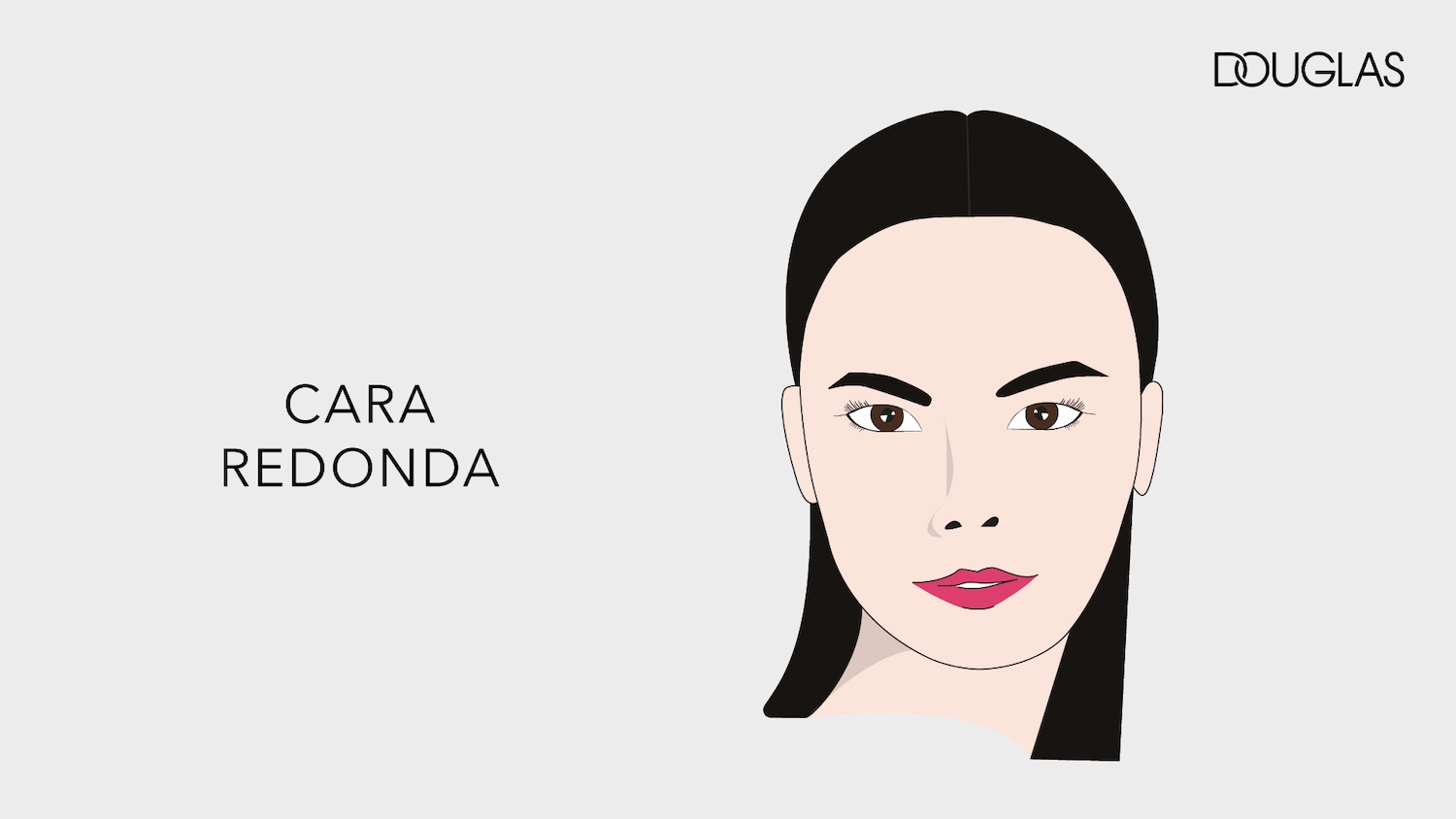 Ilustración de rostro femenino con cara redonda, cabello negro y labios pintados de rosa, ideal para tutoriales de maquillaje y cuidado facial.