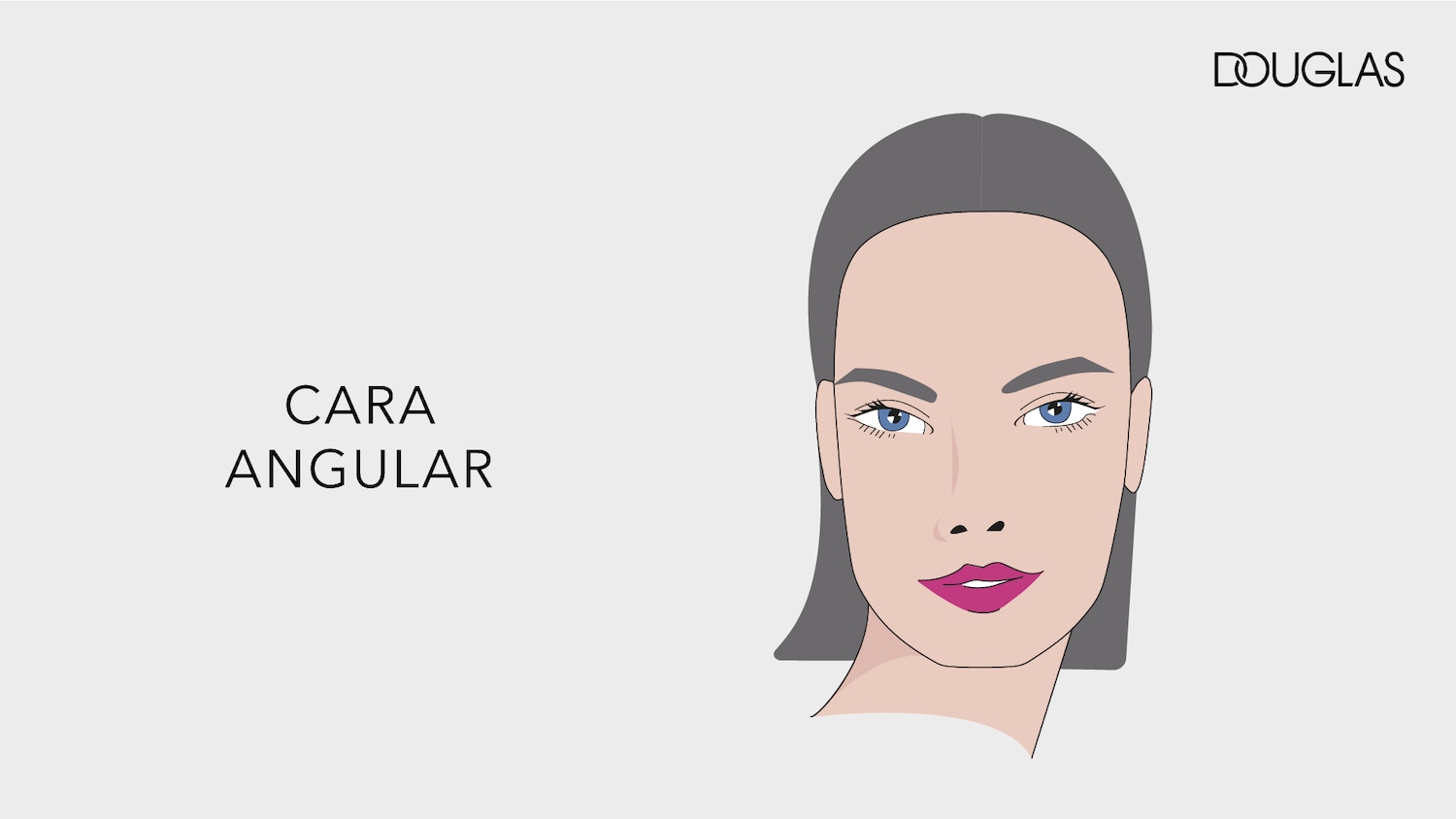 Ilustración de la cara de una mujer con maquillaje, mostrando un rostro angular con labios color magenta y la marca Douglas en la esquina superior derecha.