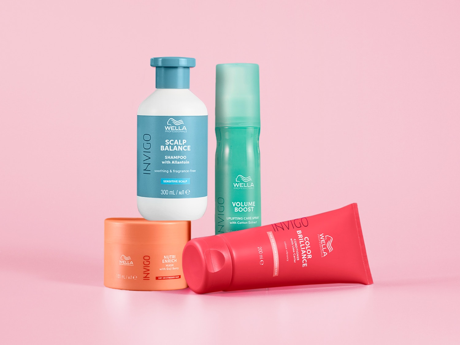 Entdecke Wella Professionals Invigo: Kopfhautbalance Shampoo mit Allantoin, Volumen-Boost-Spray mit Baumwollextrakt, Nutri-Enrich-Maske mit Goji-Beere und Farbbrillanz-Conditioner mit Limettenkaviar.