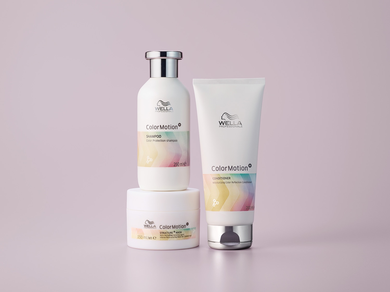 Das Wella Professionals ColorMotion+ Trio: Shampoo für Farbschutz, Conditioner für Feuchtigkeit und Maske für intensive Restrukturierung.