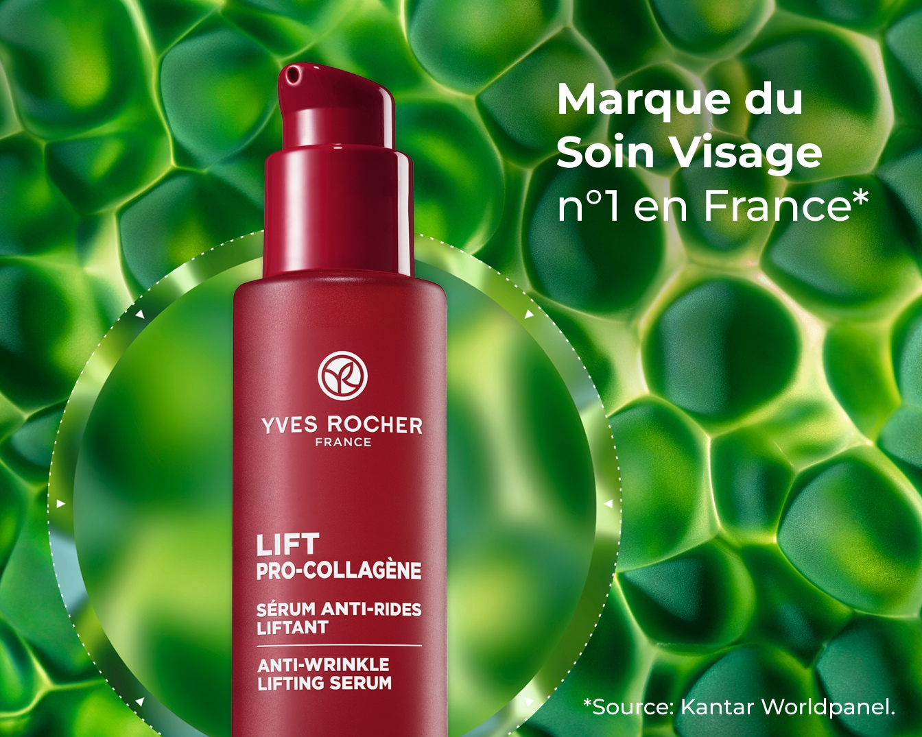 Découvrez le sérum anti-rides liftant Lift Pro-collagène d'Yves Rocher, la marque n°1 des soins visage en France, présenté dans un élégant flacon rouge.