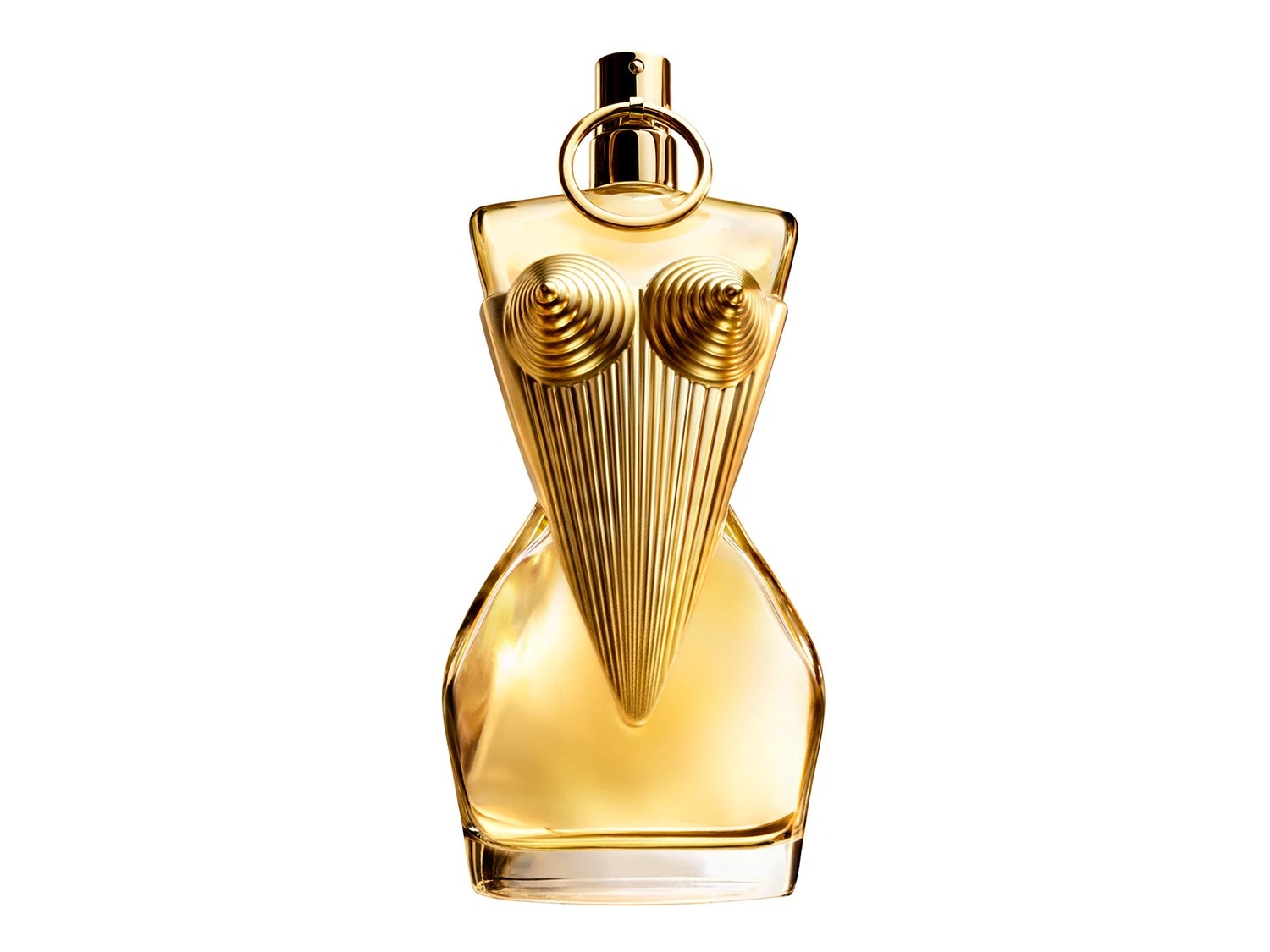 Goldener Flakon in Form eines weiblichen Torsos mit kegelförmigen Brüsten und einem Ring am Hals.