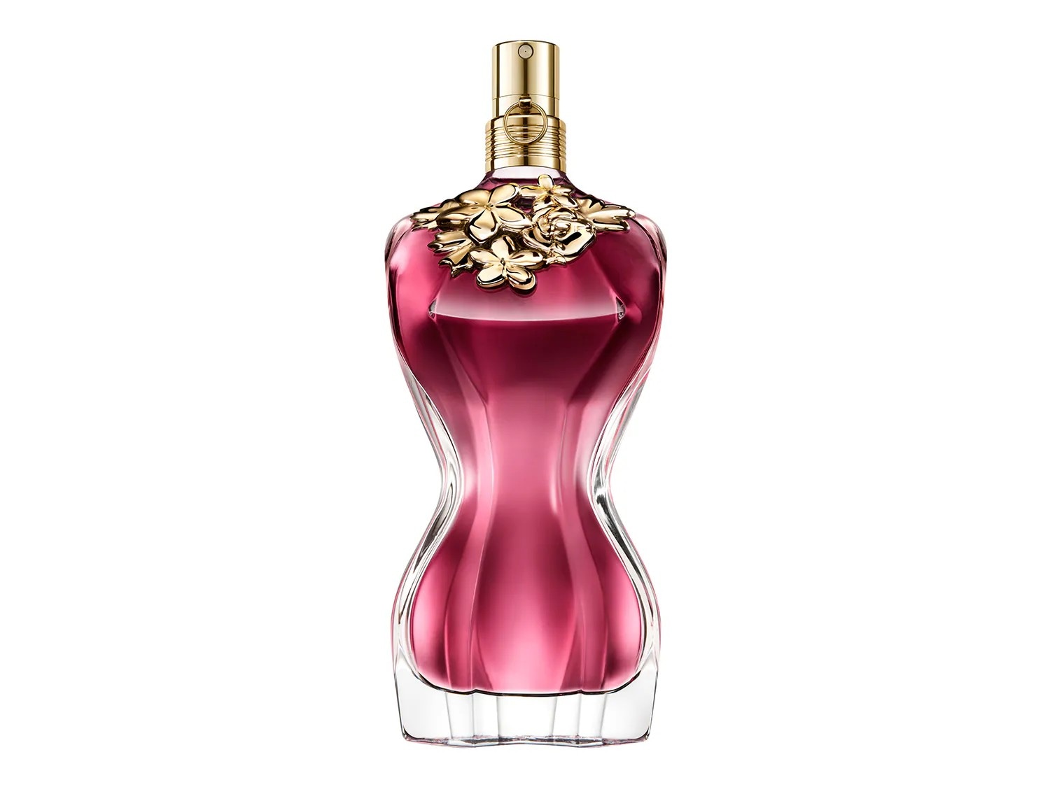 Der Flakon des La Belle Eau de Parfum von Jean Paul Gaultier ist wie ein weiblicher Torso geformt, mit goldenen Blumen am Hals und einem rosafarbenen Duft.